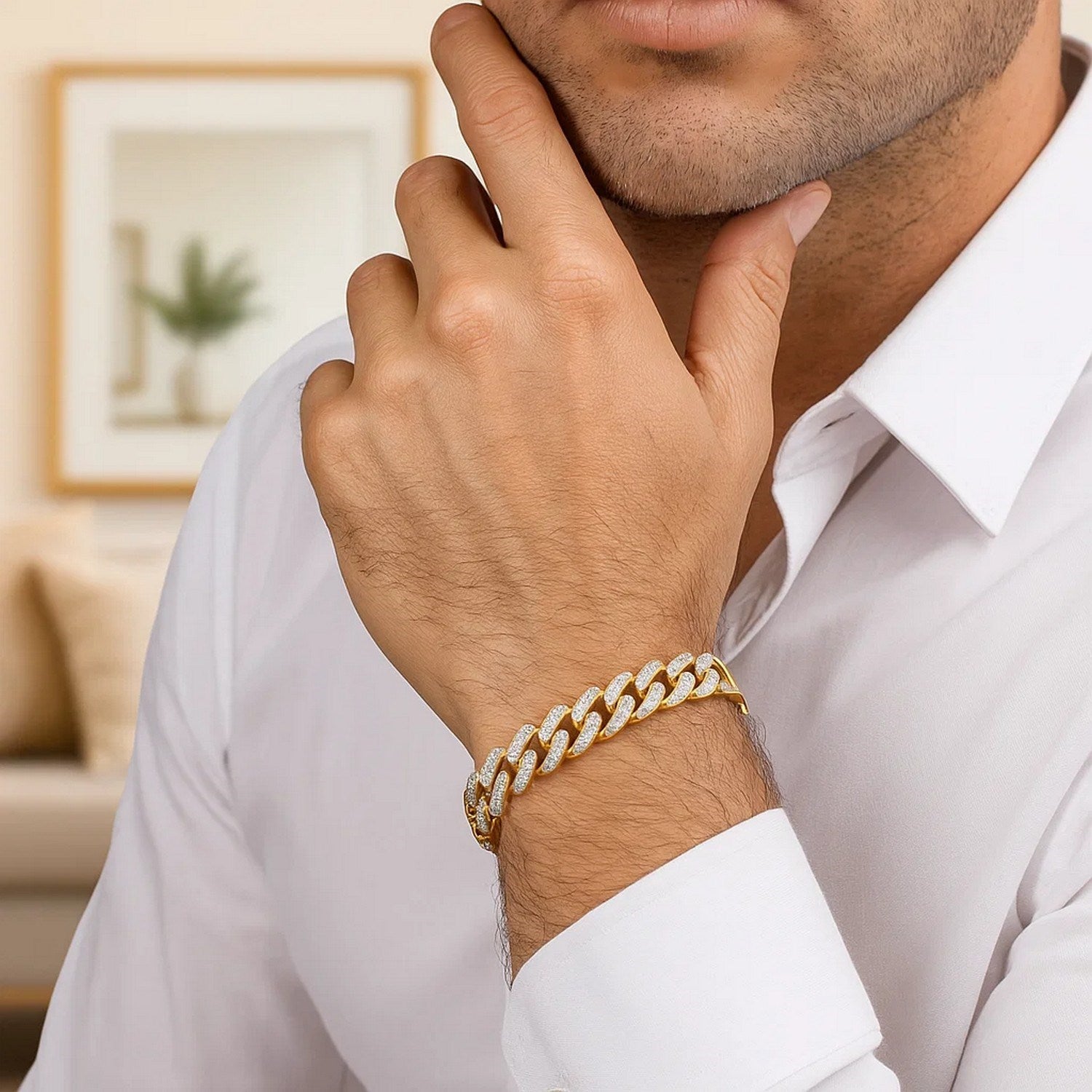 14k Two Tone Gold Curb Chain Bracelet with Diamond Pave Links (9.50 mm)