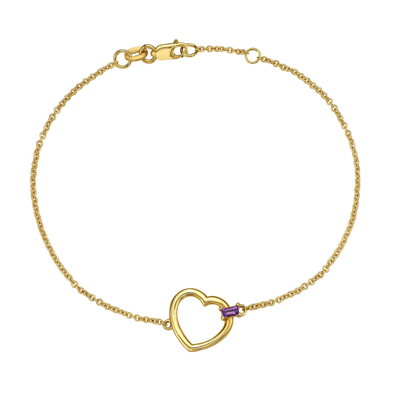 Amethyst Baguette Heart Bracelet in 14K Yellow Gold