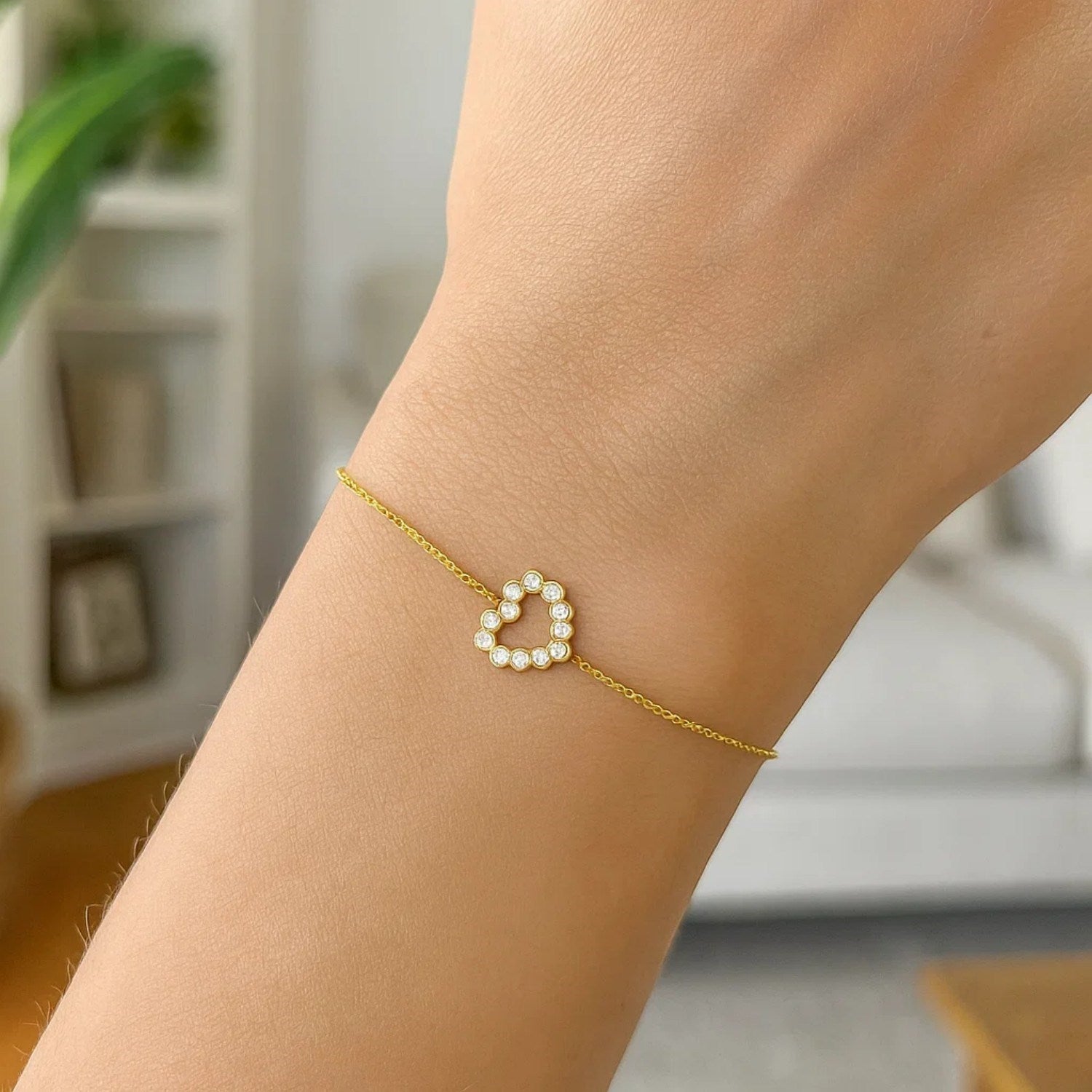 Elegant 14k Yellow Gold Petite Diamond Heart Bracelet
