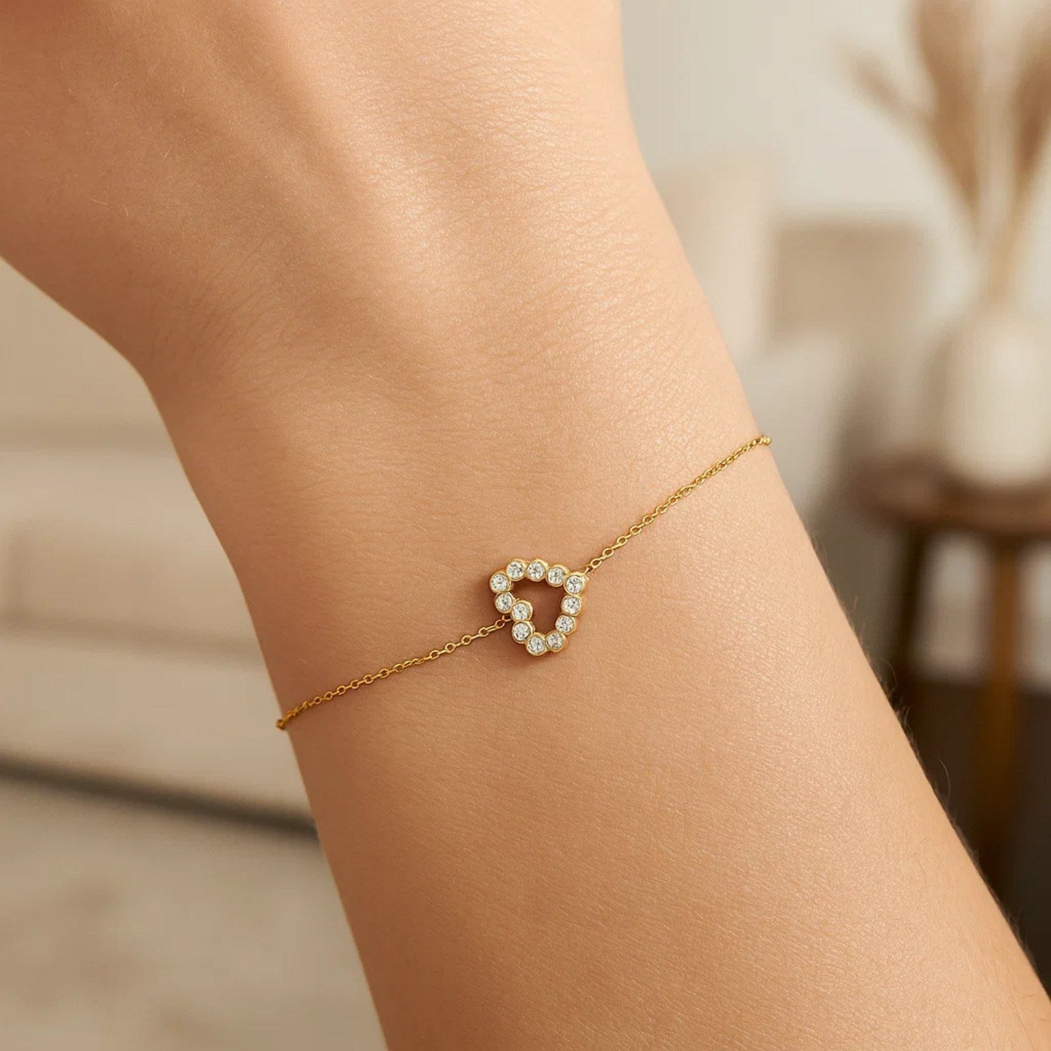 Elegant 14k Yellow Gold Petite Diamond Heart Bracelet