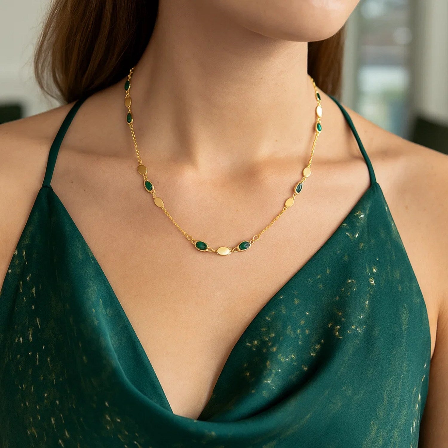 14K Yellow Gold Hexagon Malachite Inlay Links Necklace