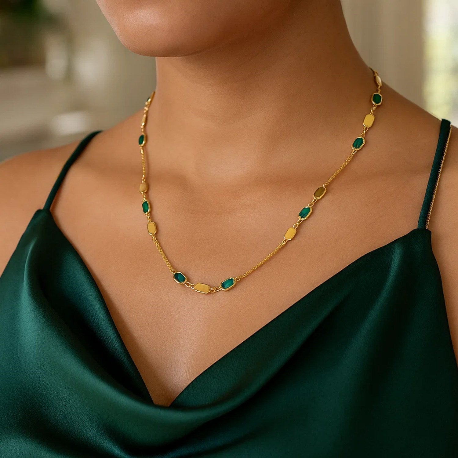 14K Yellow Gold Hexagon Malachite Inlay Links Necklace
